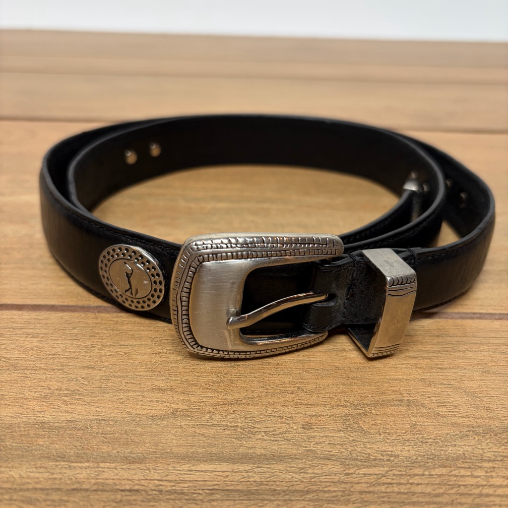 Pga Golfer Motif Black Leather Belt Silver Hardware Size 40